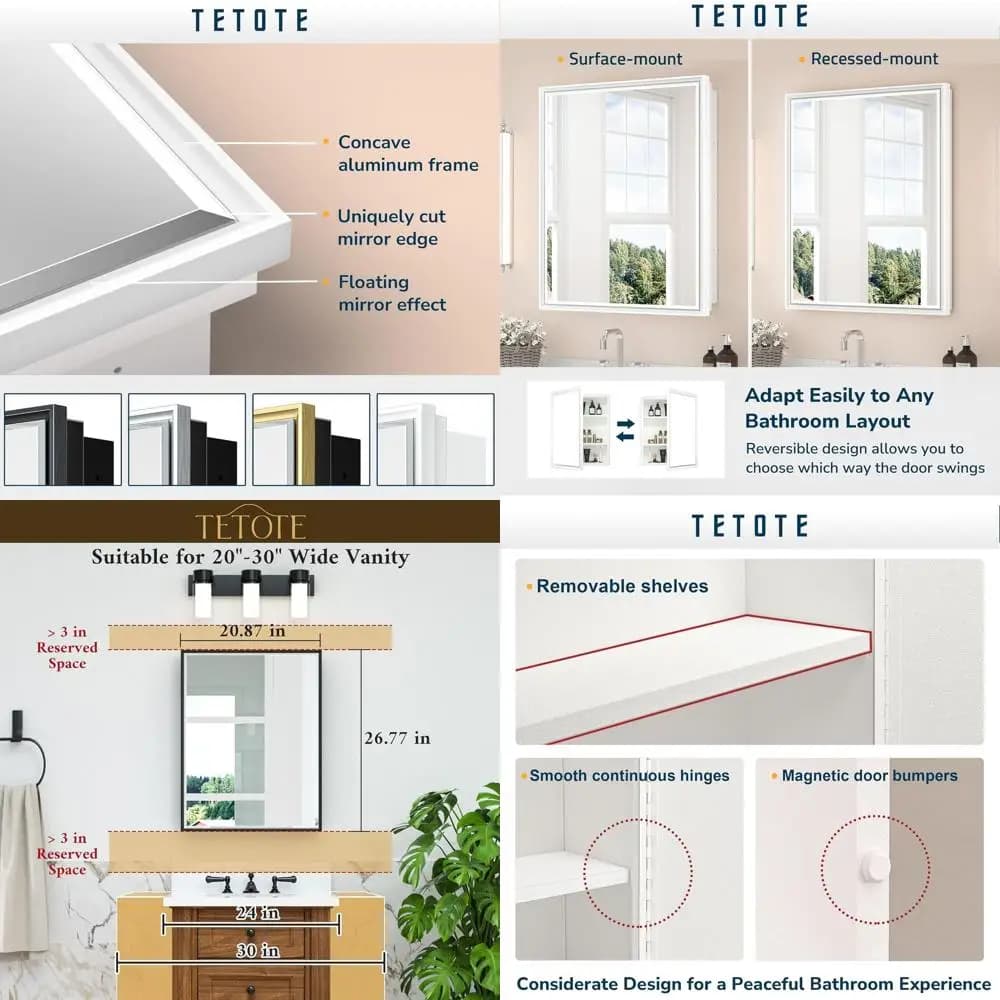 Armadietto per medicinali in alluminio bianco con cornice, 21 x 27, con specchio bisellato e vano portaoggetti per bagno moderno in stile rustico