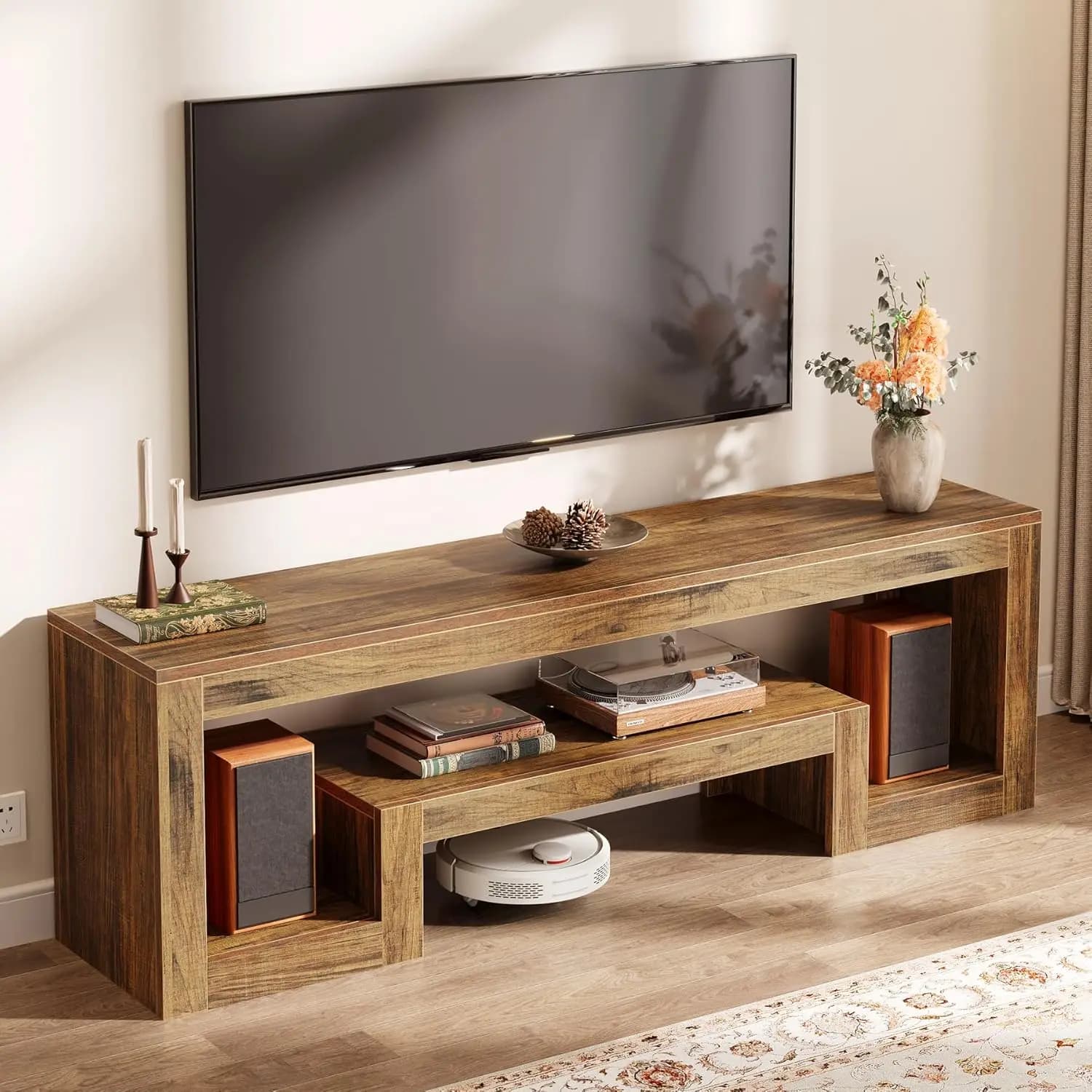 Mobile TV da 63 Pollici, Centro Intrattenimento con Ripiani Aperti, Stile Rustico in Legno per Soggiorno e Camera da Letto, Personalizzabile
