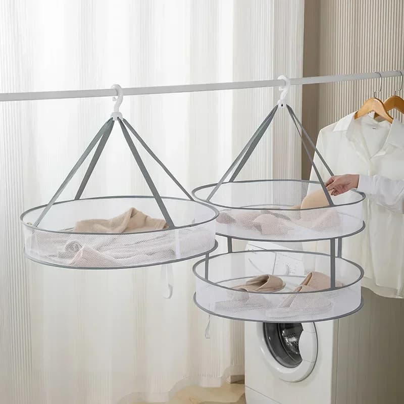 1/2 Layer Clothes Dryer Basket With Hanging Hook Fine Mesh Polyester Household Towels Foldable Baby Sweater Drying Rack For Home