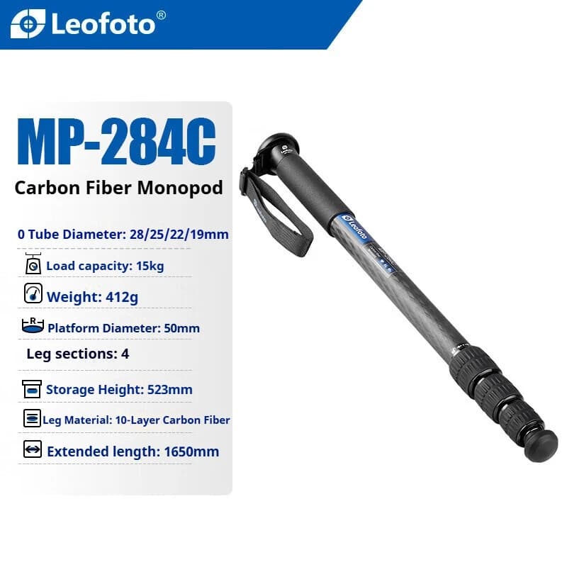 Leofoto MP-284C Asta Selfie in Fibra di Carbonio Professionale per Fotografia e Videografia, Fotografia di Uccelli, Monopiede per Fotocamere Mirrorless e DSLR