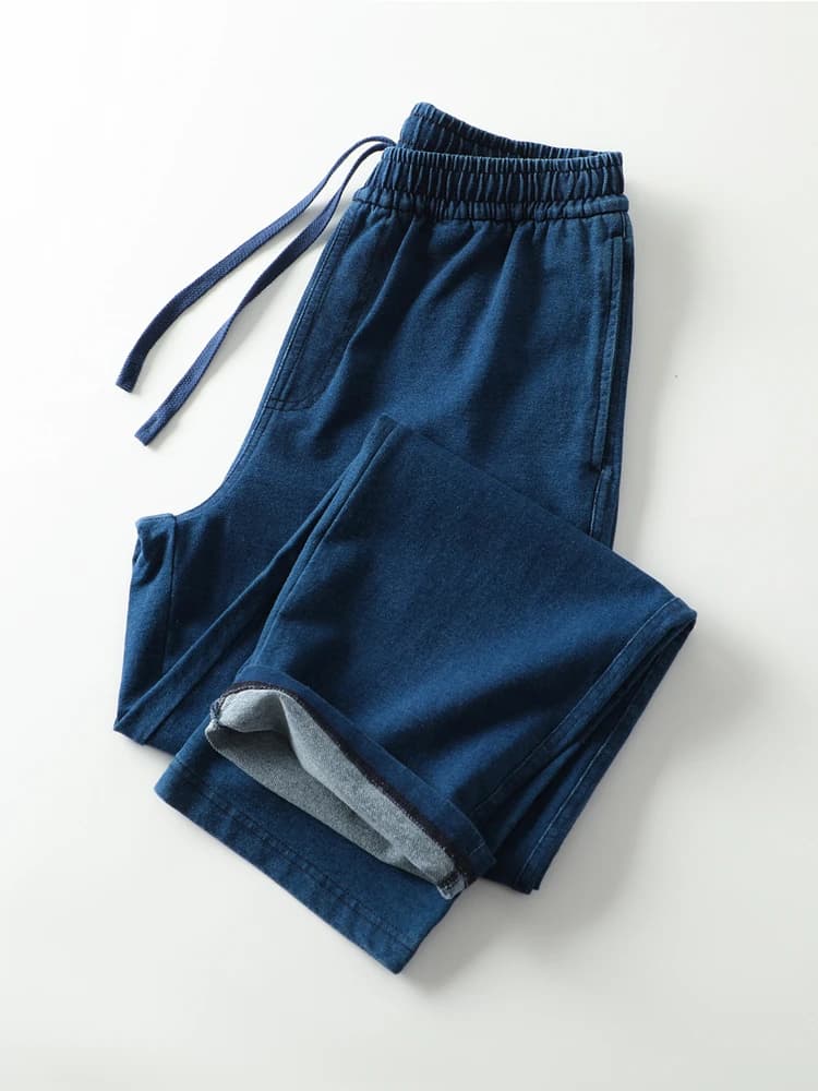 Indigo Waed Comfortable Stretchy Men's Faionable Elastic Waist Straight Leg Fce Lined Denim Jeans Casual Cotton Blend