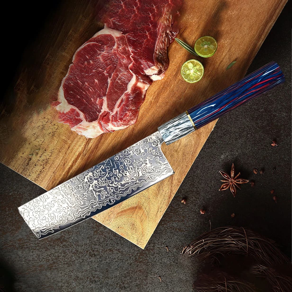 Coltello da cucina giapponese da 7 pollici, lama in acciaio Damasco VG-10 a 73 strati, manico in resina, per carne e verdure