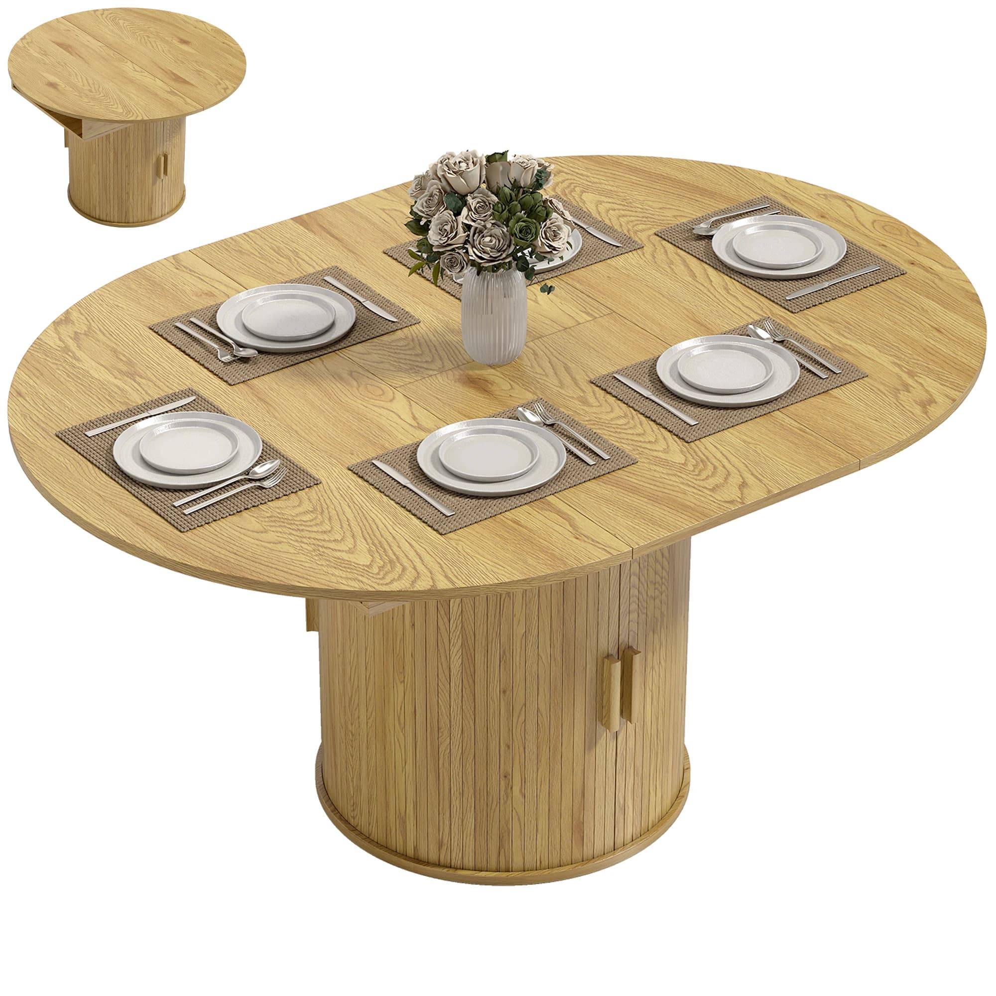 Homcom 43.3" to 59" Extendable Round Dining Table for 4-6, Natural Wood