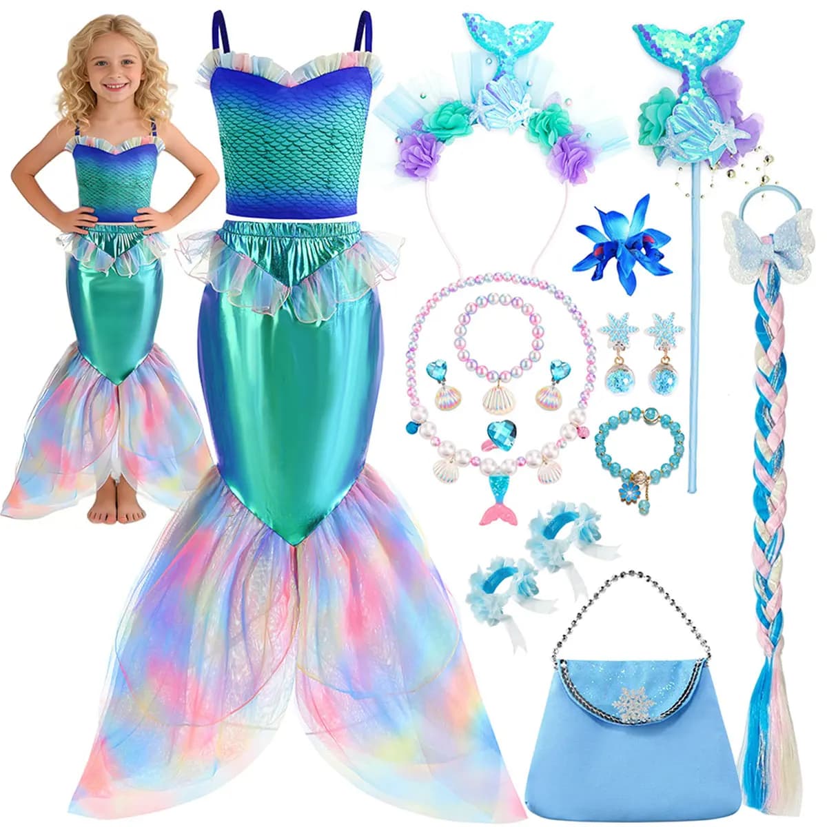 Costume da Sirenetta per Halloween, Abito Senza Maniche con Spacco, Set Due Pezzi per Bambine, Costume da Sirenetta per Feste in Spiaggia, 2-10 Anni