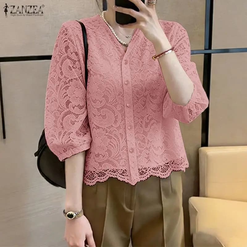 Camicetta Estiva 2026 in Pizzo Patchwork ZANZEA Elegante da Donna con Scollo a V e Maniche a 3/4, Top per Vacanze, Camicia da Lavoro Elegante, Blusa a Tinta Unita con Intagli