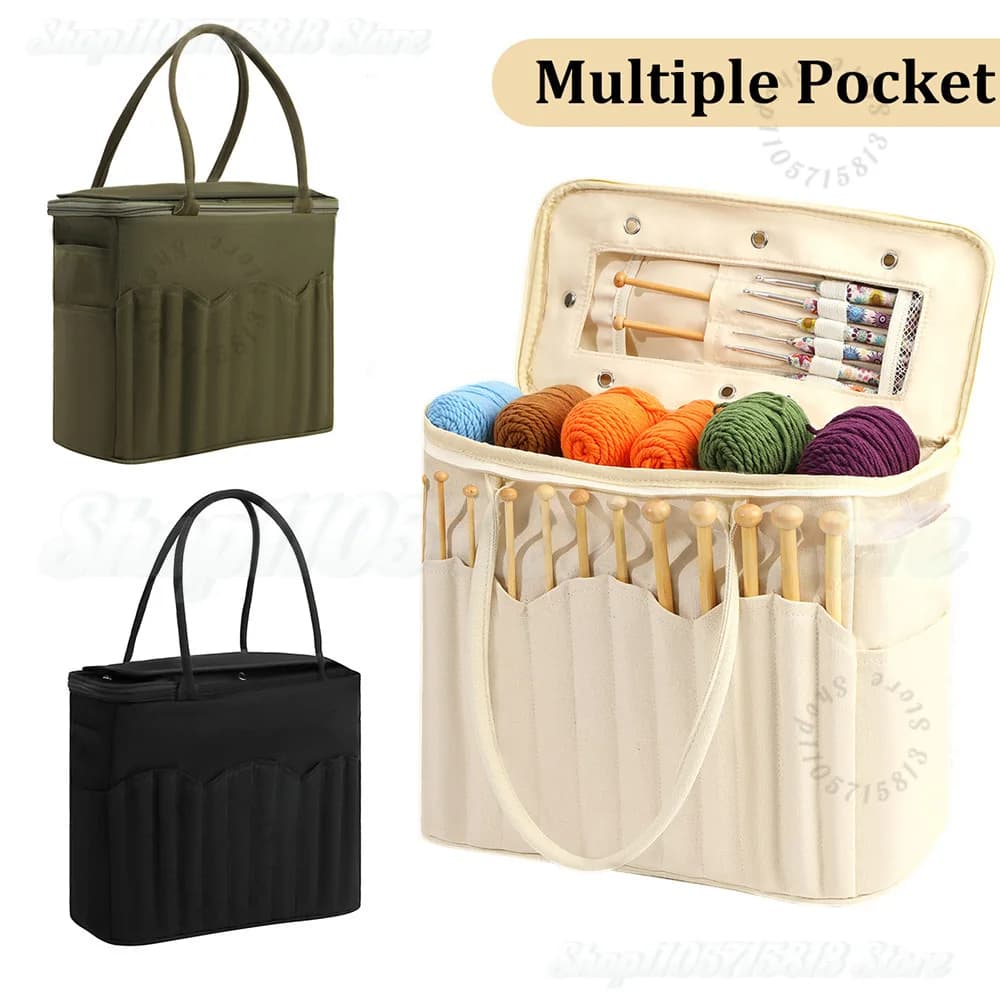 Multi-Pocket Knitting Yarn Storage Tote Bag,Waterproof Oxford Crochet Needle Thread Organizer Handbag Portable Craft Storage Bag