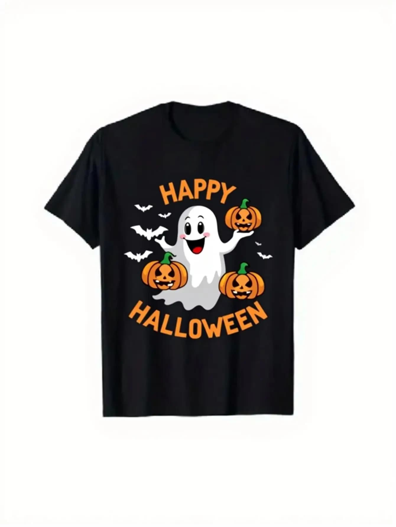 Funny Men's Black Graphic T-Shirt Happy Halloween Ghost Pumpkin Bat Cartoon Print 100% Cotton Heavyweight Short Sleeve Casual Streetwear Tee
