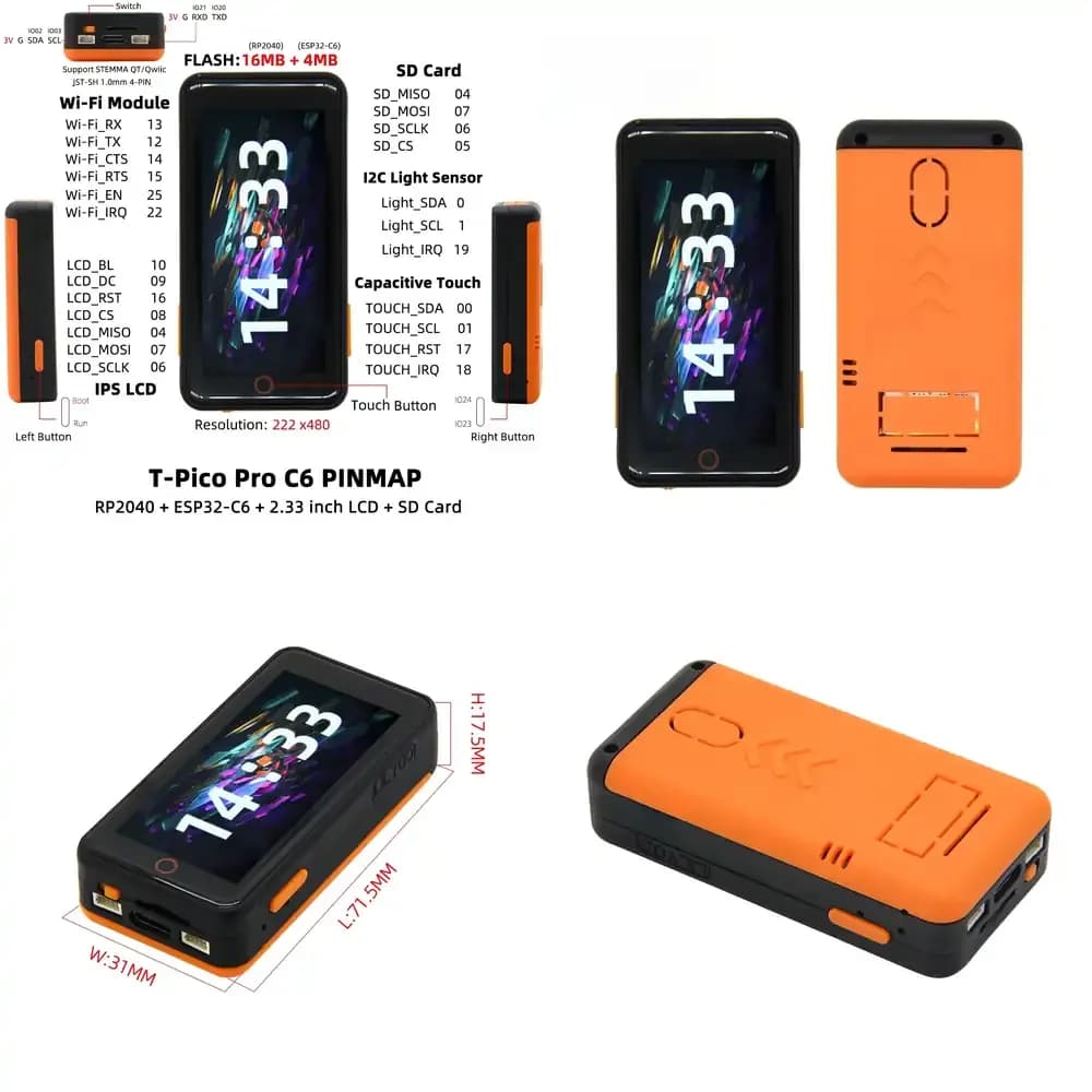 LILYGO T-Pico-Pro C6 ESP32-C6 Raspberry Pi RP2040 Scheda di Sviluppo Dual MCU con Schermo LCD Touch da 2,33 Pollici