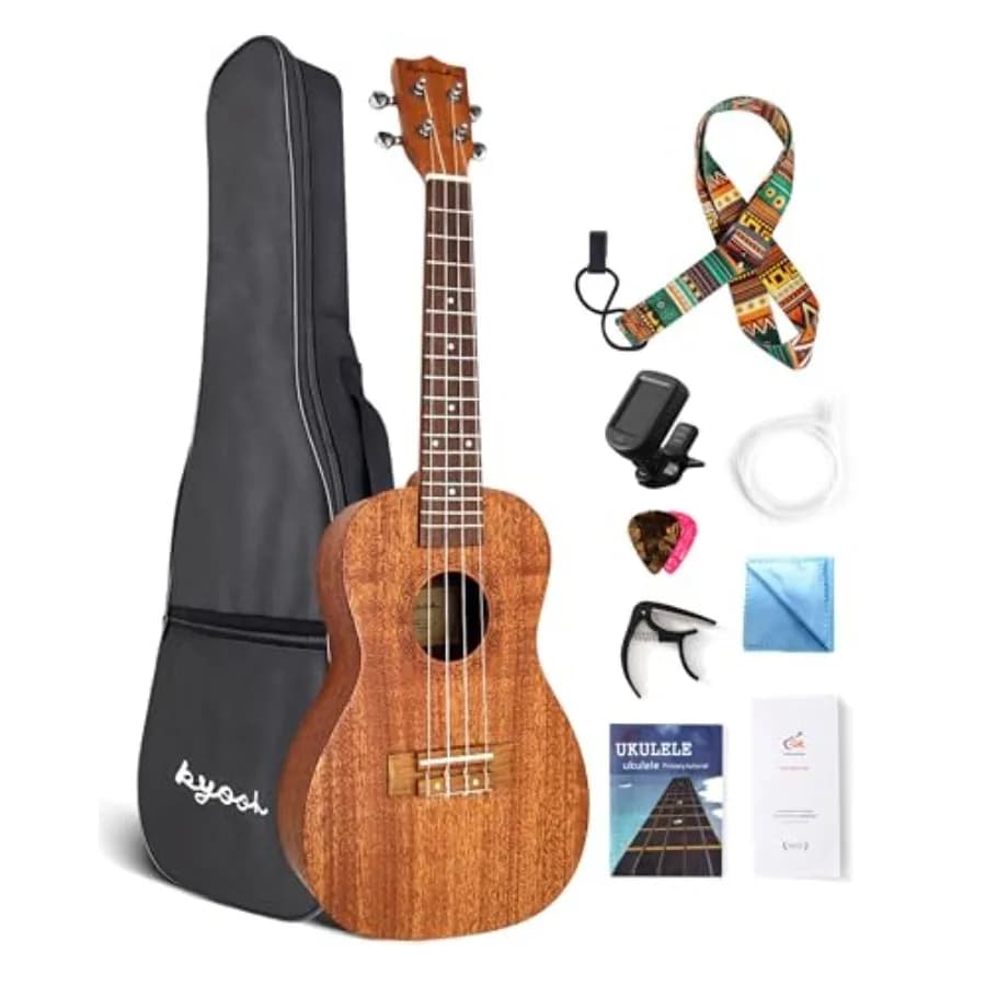 Ukulele da Concerto Professionale da 23 Pollici in Mogano per Principianti con Lezioni Online, Borsa da Trasporto, Accordatore, Tracolla, Corde in Nylon e Plettri