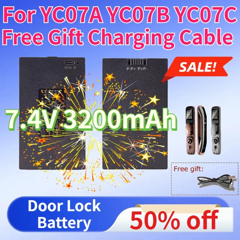 Batteria per Serratura Intelligente 7.4V 3200mAh, Batterie al Litio per YC07A YC07B YC07C, Cavo di Ricarica in Omaggio, Batterie Ricaricabili