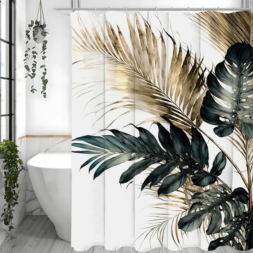 Tenda da doccia con foglie di palma tropicali con foglie dorate e verdi, decorazione per il bagno in stile boho, tessuto impermeabile, moderno, ispirato alla natura