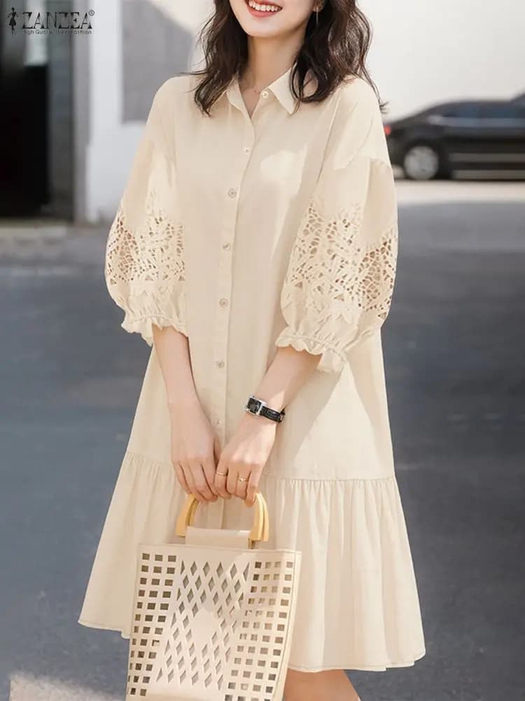2026 ZANZEA Primavera Pizzo Crochet Vestito Estivo Estate Mini Vestito Delle Donne Alla Moda Ricamato Vestito Da Partito Manica 3/4 Ufficio Vestido Robe