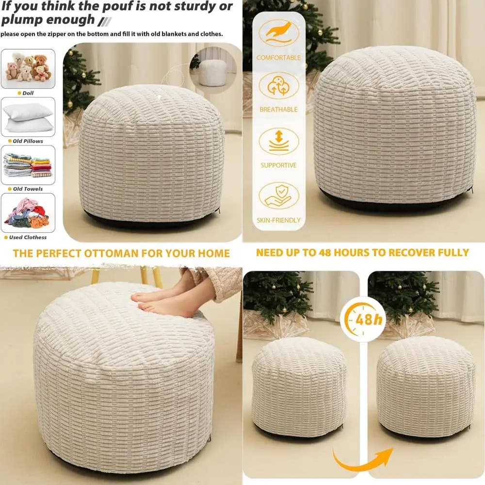 Pouf portaoggetti in pelliccia sintetica con imbottitura in schiuma, pouf poggiapiedi 26x18 pollici, beige