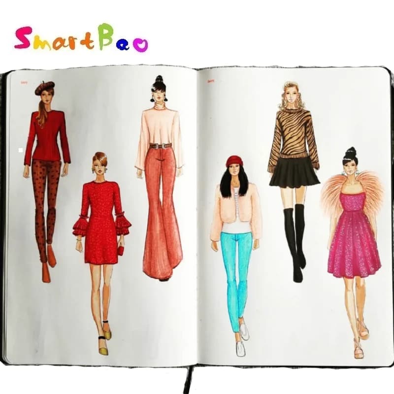 Quaderno da disegno A5 da donna Cherry Notebook con 130 pagine Modelli di figure di moda e dizionario di moda color caramello