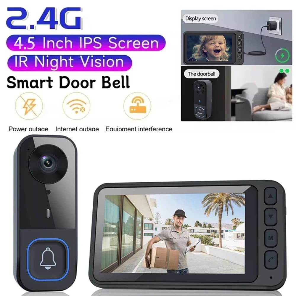 Campanello video intelligente senza fili, 720P ad alta definizione con funzione visione notturna, 2.4G, 4.5 pollici