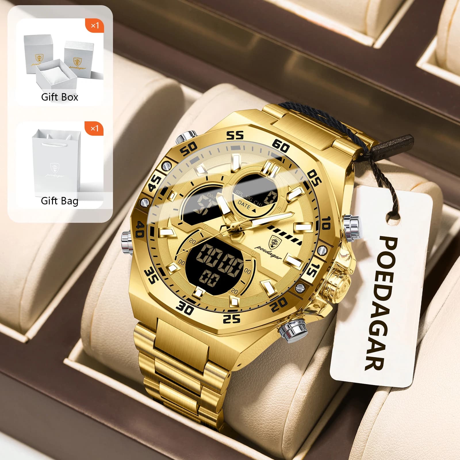 POEDAGAR Men's Sports Watch LED Waterproof Week Date Digital Wrist Watch Stainless Steel Military Men's Watch With Gift Box