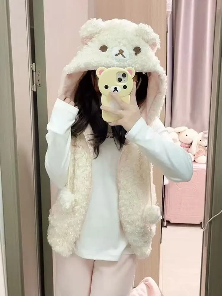 Cartoon Rilakkumas Orso Gilet Cappotto Korilakkuma Orso Gilet con cappuccio Ragazze Donna Inverno Caldo peluche Soffice Capispalla senza maniche