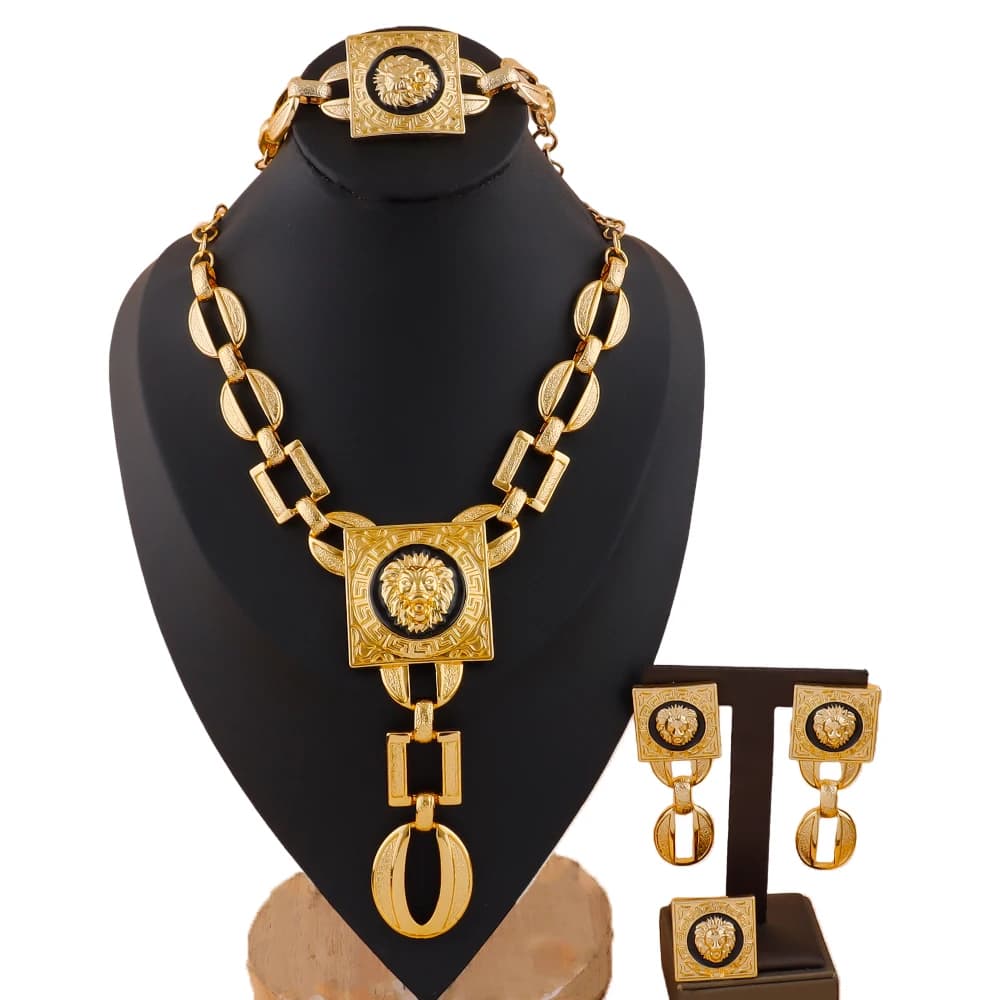 African Dubai Jewelry 4-Piece Lion-Design Set for Women Necklace Earrings Bracelet and Ring Perfect for Weddings Wholesale