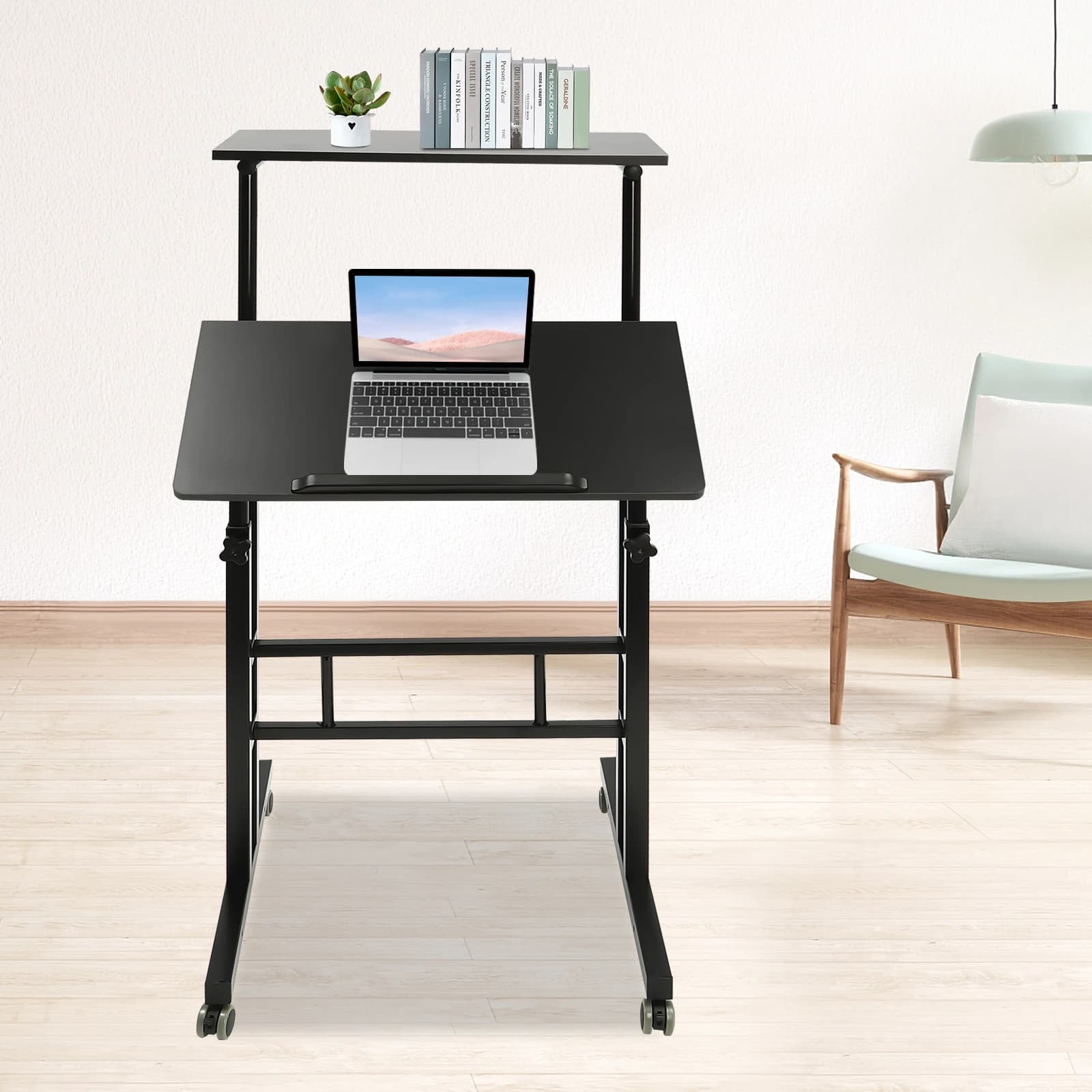 Piccola scrivania in piedi regolabile con ruote, postazione di lavoro per ufficio domestico, carrello per laptop con scrivania portatile per stare in piedi o seduti