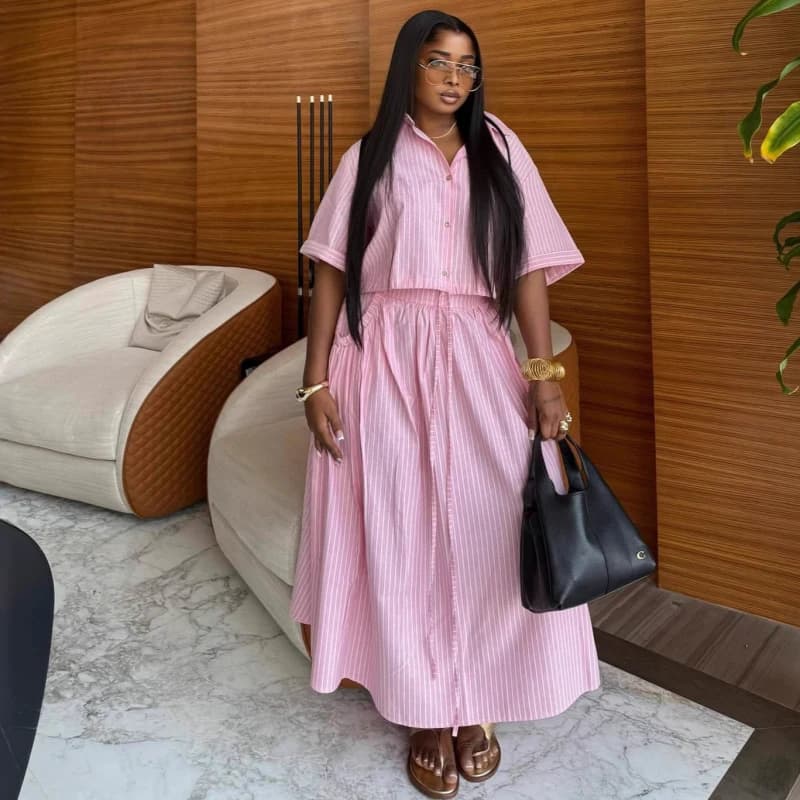 Women Summer Dress Lapel Single Breast Half Sleeve Slim Waist Long Dresses 2026 Autumn Lady Fashion Vacation Robe Casual Striped