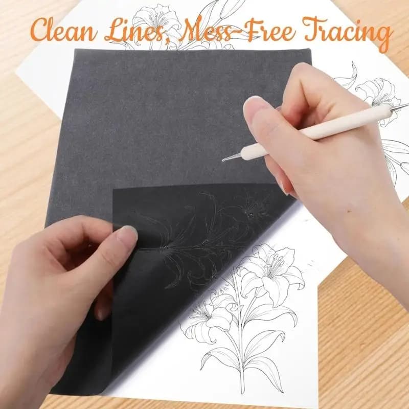 Y1UB Carbon Transfer Tracing Paper Set for A4 Black Sheets 50 Sheet with 5 Tools for Design Drafting, Line Copying and Creative