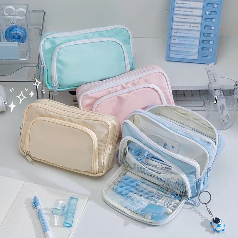 Sky Blue Pencil Case Large Capacity Japanese High-value Stationery Storage Bag Solid Color Schoolbag Non-collision Cosmetic Bag