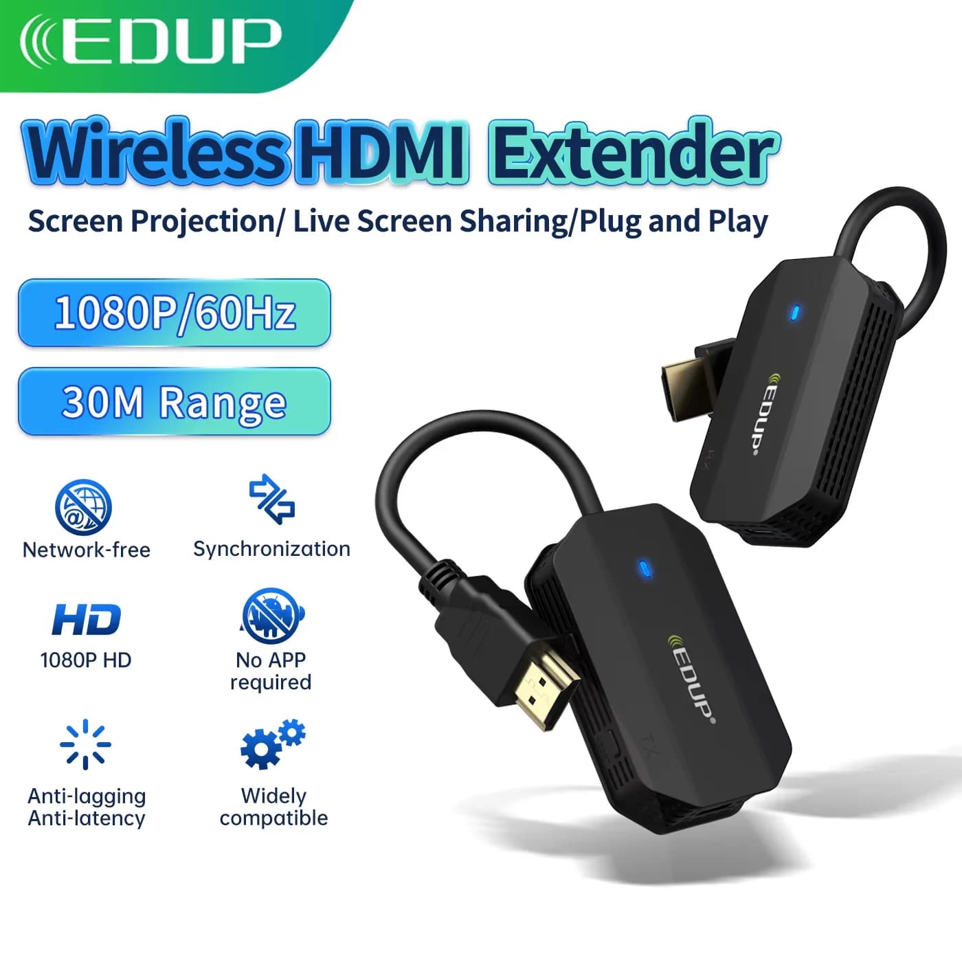 EDUP WD9905 Wireless HD Extender 1080P HD TV Video Transmitter Screen Sharing 30M Range Network Free Plug&Play Home Theater