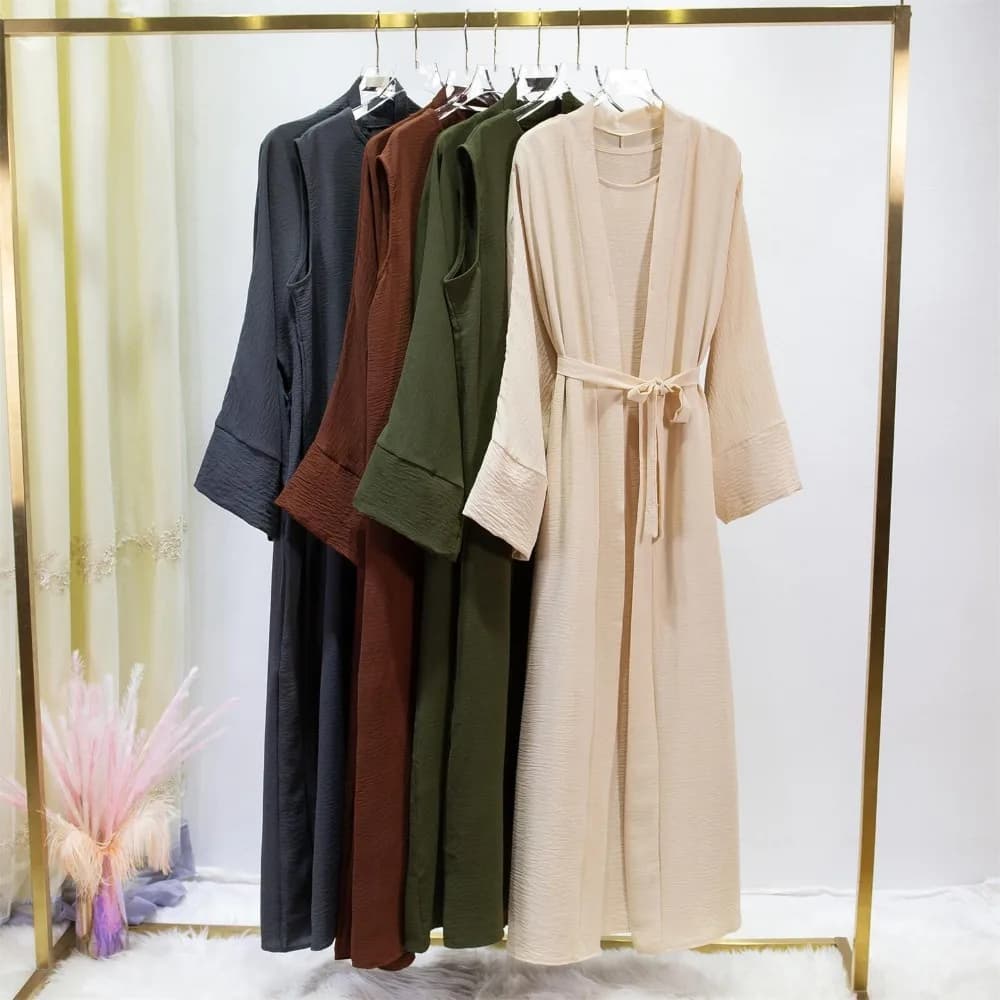 2 foto Set musulmano Jilbab musulmano Due pezzi Donna Abaya Cardigan allentato Cappotto Abito interno senza maniche Abbigliamento da preghiera con cintura