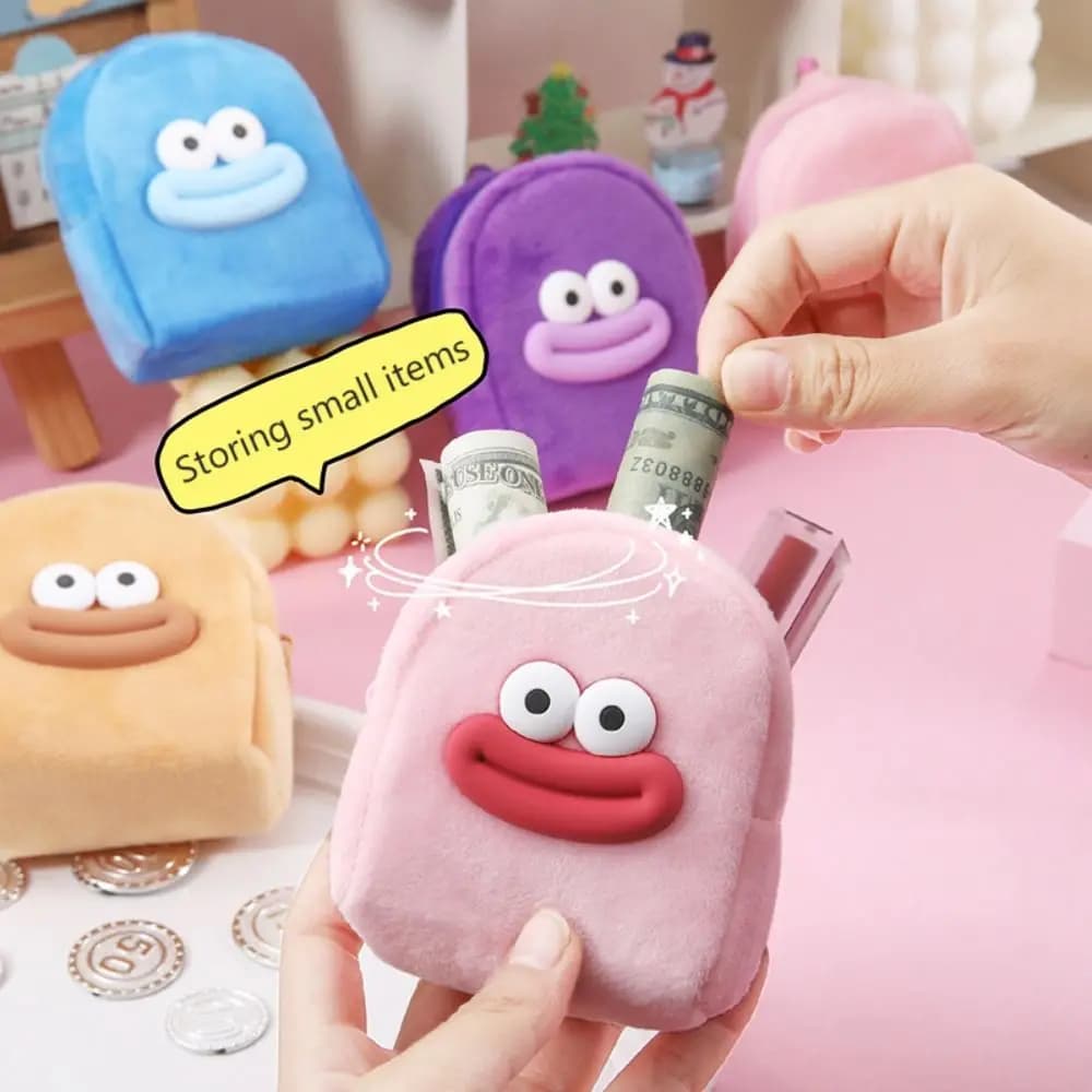 Simple Cartoon Plush Coin Purse Smooth Zipper Card Holder Mini Wallet Storage Pouch Mini Backpack Design Headphone Bag