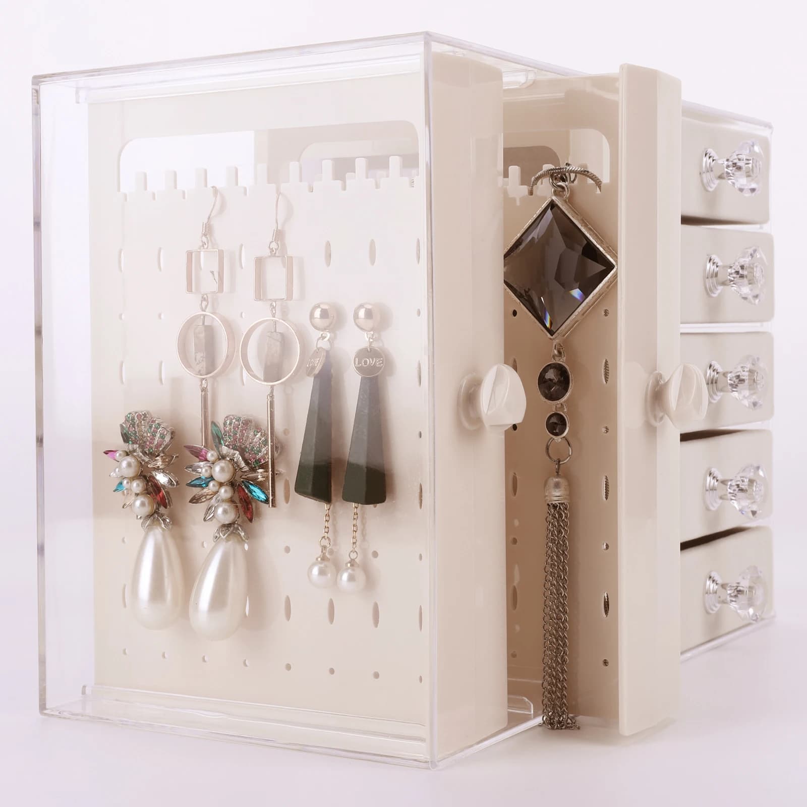 Jewelry Organizer Stand Multifunctional Necklace Display Holder with 4 Drawer Earring Storage Box Large Capacity Gift for Girls