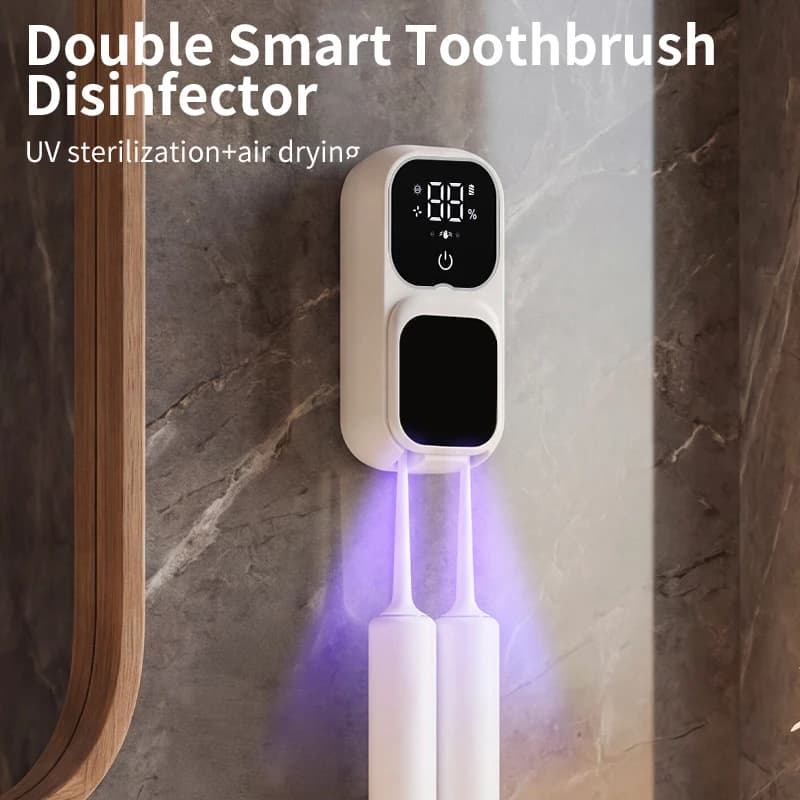 Rechargeable Smart Double Toothbrush UV Sterilizer Wall Mount Toothbrush Holder UV Disinfection & Air Drying Digital Display