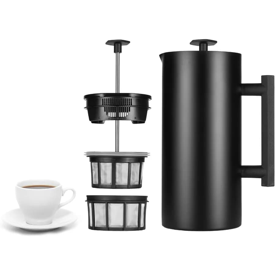 P6 Caffettiera French Press da 32 once, isolata in acciaio inossidabile a doppia parete, nero opaco