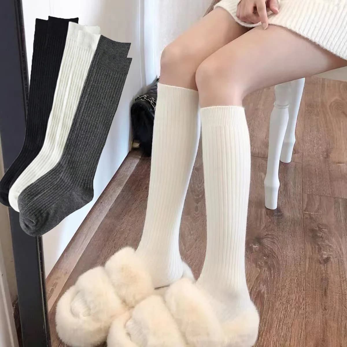 1 Pair Women's Black & White & Gray Knee High Socks Long Ribbed Knit Slouchy Boot Socks Soft Warm for Women Girls