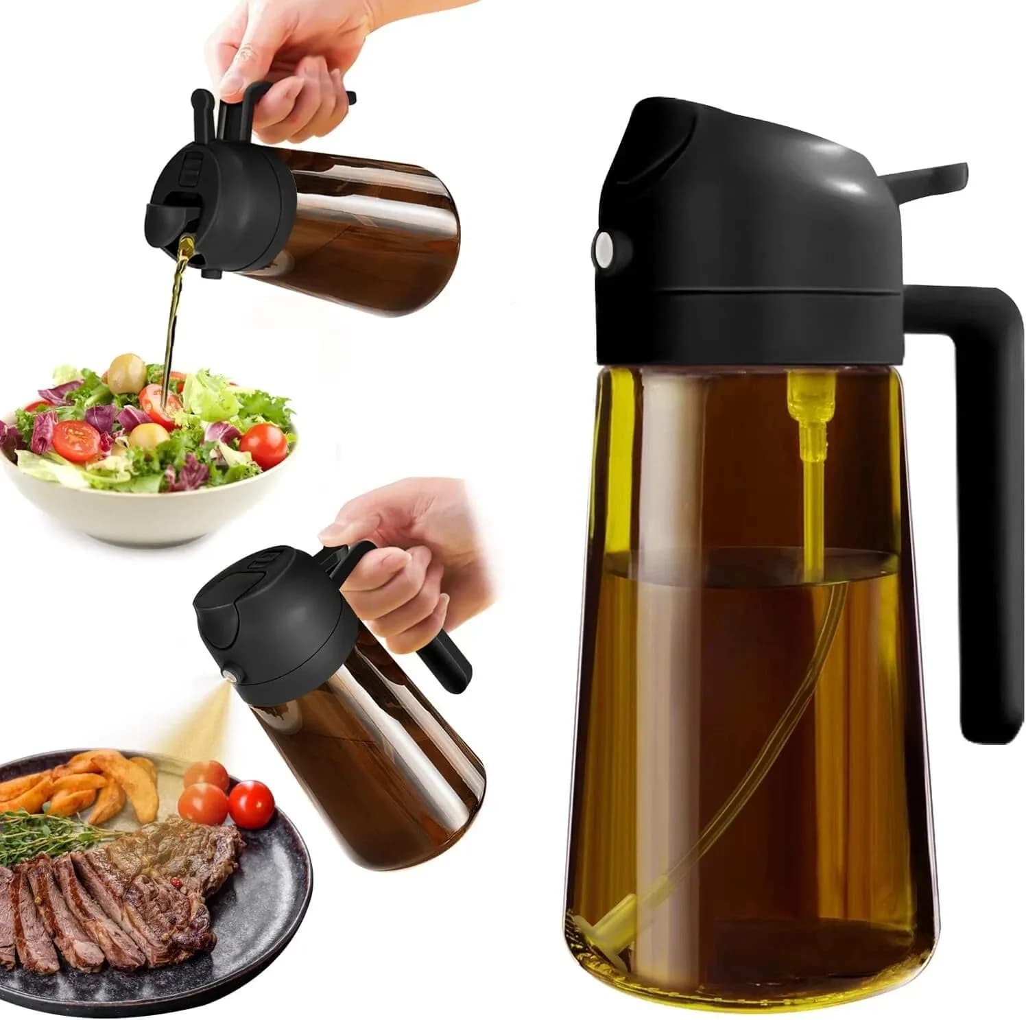 Dispenser Olio in Vetro 16oz 2-in-1, Spruzzatore Olio d'Oliva per Friggitrice ad Aria, Non Aerosol, Anti-perdita, per Insalate, BBQ, Utensili da Cucina