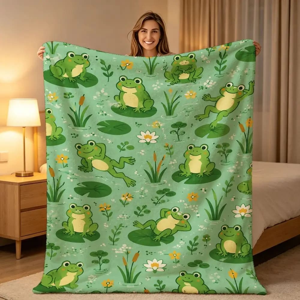 Cozy Fleece Throw Blanket Mint Green with Cute Cartoon Frogs on Lily Pads Pattern, Warm Lightweight Cozy Blanket for Sofa Bed Couch Travel Camping Indoor Outdoor Use