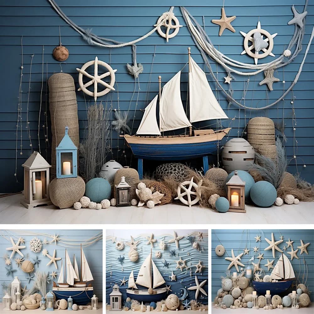 Sfondo Nautico Estivo in Legno per Festa di Compleanno Bambini 1 Anno, Decorazioni con Barca a Vela, Timone, Rete da Pesca, Faro, Fondali per Cake Smash