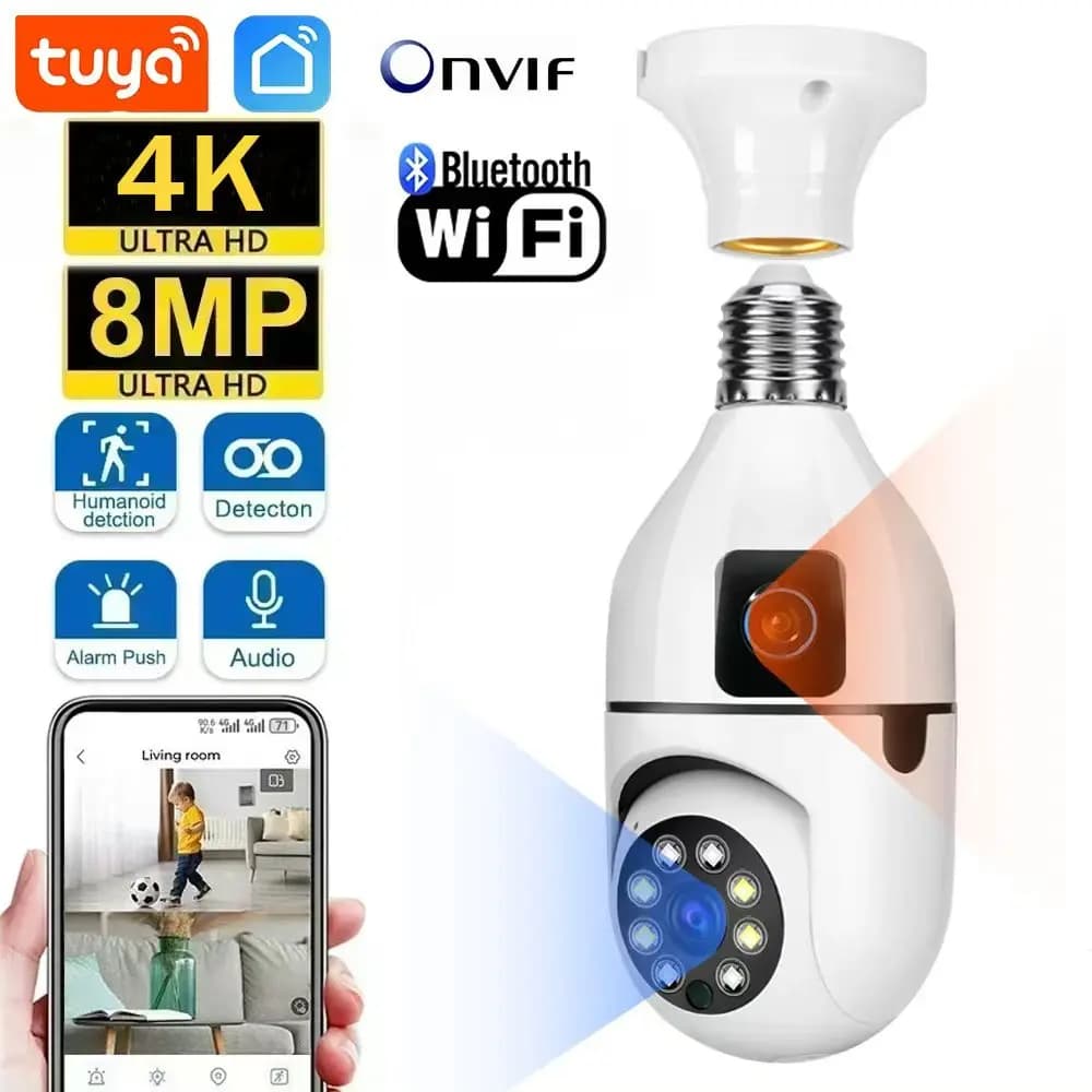 Tuya 8MP Full HD PTZ WiFi Doppia Lente Doppio Schermo E27 Lampadina Della Macchina Fotografica Tuya Vita Intelligente Videocamera di Sorveglianza di Sicurezza Ai Umano Tuya