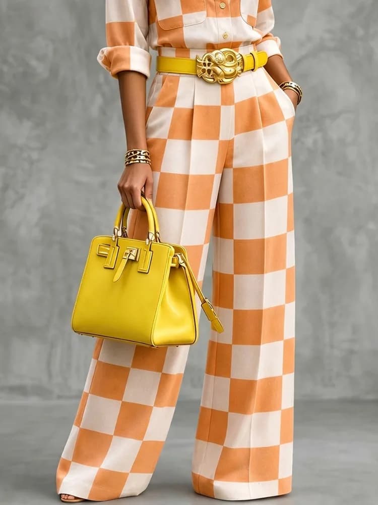 Yeezzi Women Fashion Orange White Plaid Matching Pants Loose High Waisted Wide Leg Office Casual Trousers Bottoms No Belt