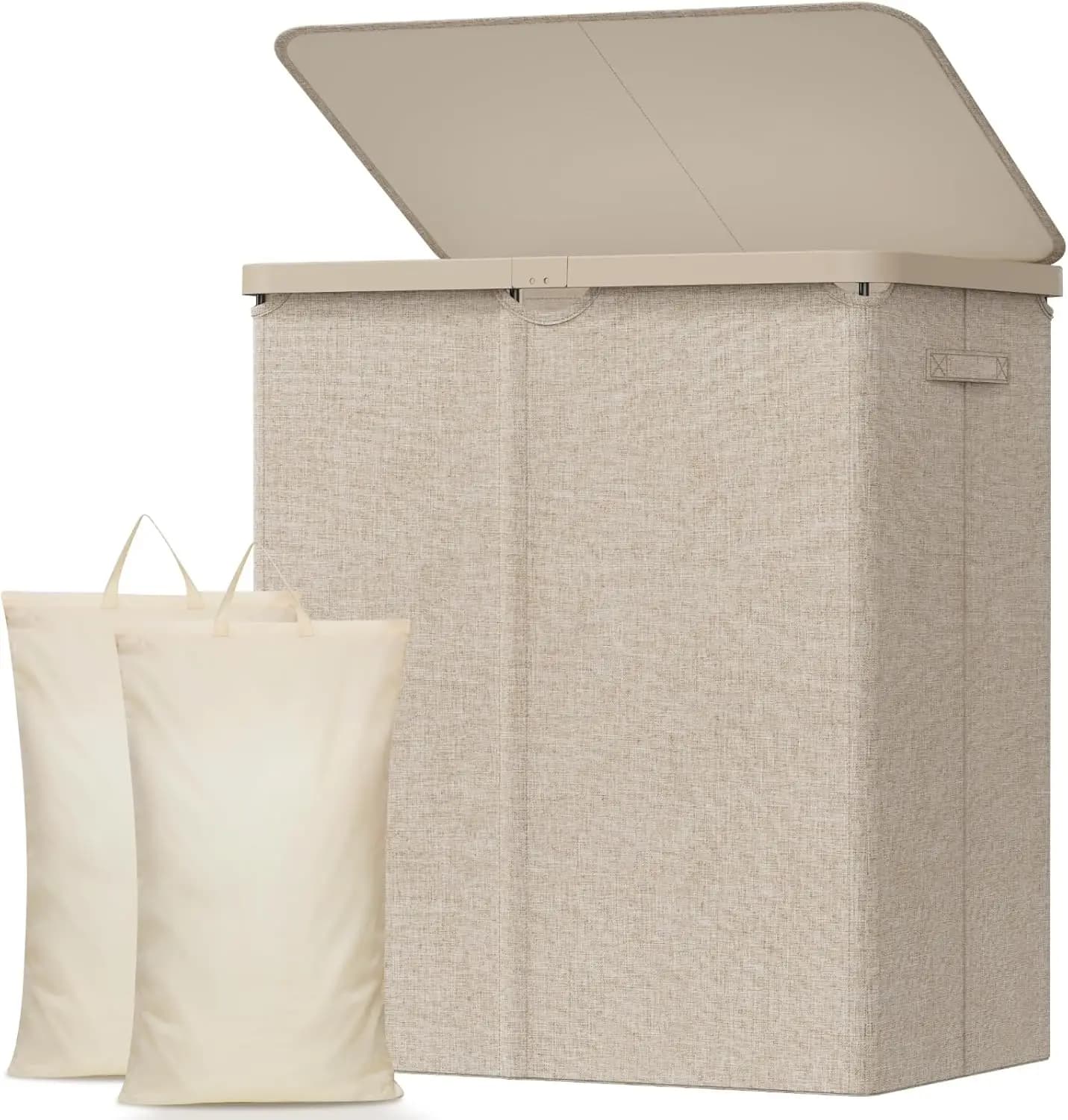 Foldable 145 litre whiteboard with lid, large basket with removable bags and handles for bedroom, bathroom, dorm - Beige
