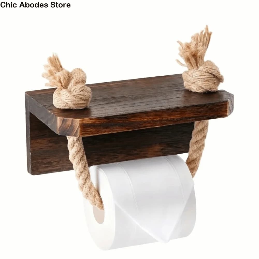 Nautical Style Toilet Paper Holder Rustic Space-Saving Roll Paper Holder Wood Decorative Maritime Rope Paper Holder
