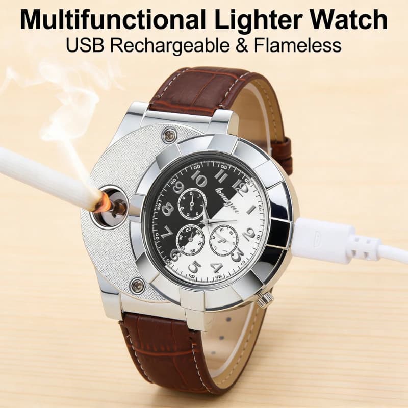 Multifunction Quartz Watch with Metal Accendino USB Rechargeable Windproof, Portable Cigarette Lighter, Women's Survival Gift