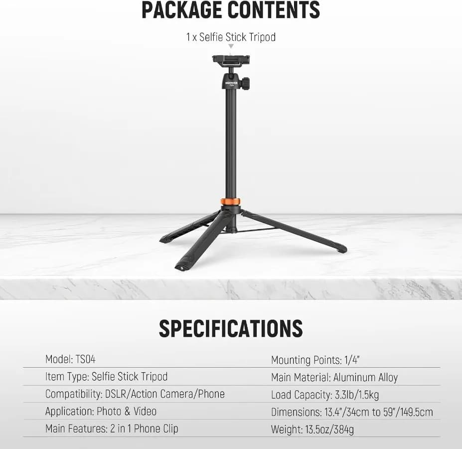 59" Selfie Stick Tripod Compatible with iPhone DLSR Canon Sony Camera, Small Metal Portable Travel Desk Stand for Video Recordin