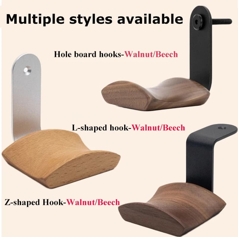 Universal support for headphones in solid walnut/ beechwood + aluminum alloy for headphones with hole for headphone hook without punching