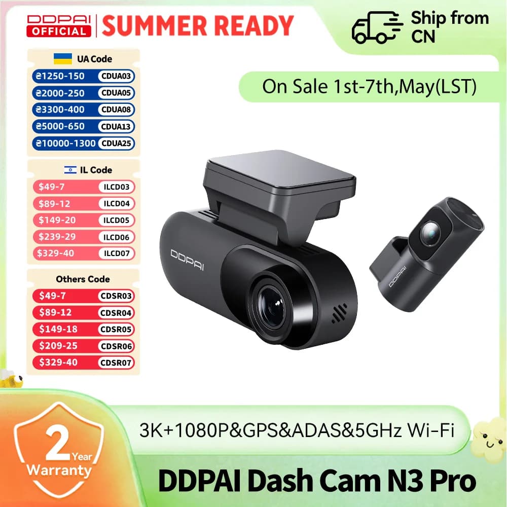 Dash Cam DDPAI Mola N3 Pro, Car Camera Front and Back, DVR 3K Recorder, GPS, Parking Monitor 24H