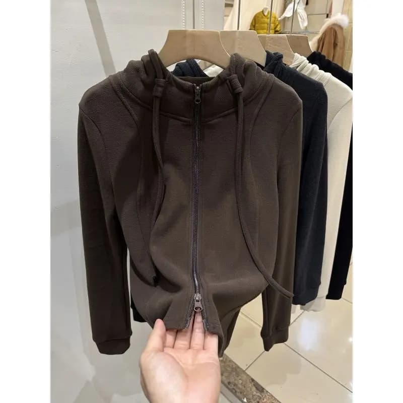 2025 Autumn Winter New Style Women's Zipper Hoodie Double Headed Velvet Slimming Versatile Small Design Sense Top