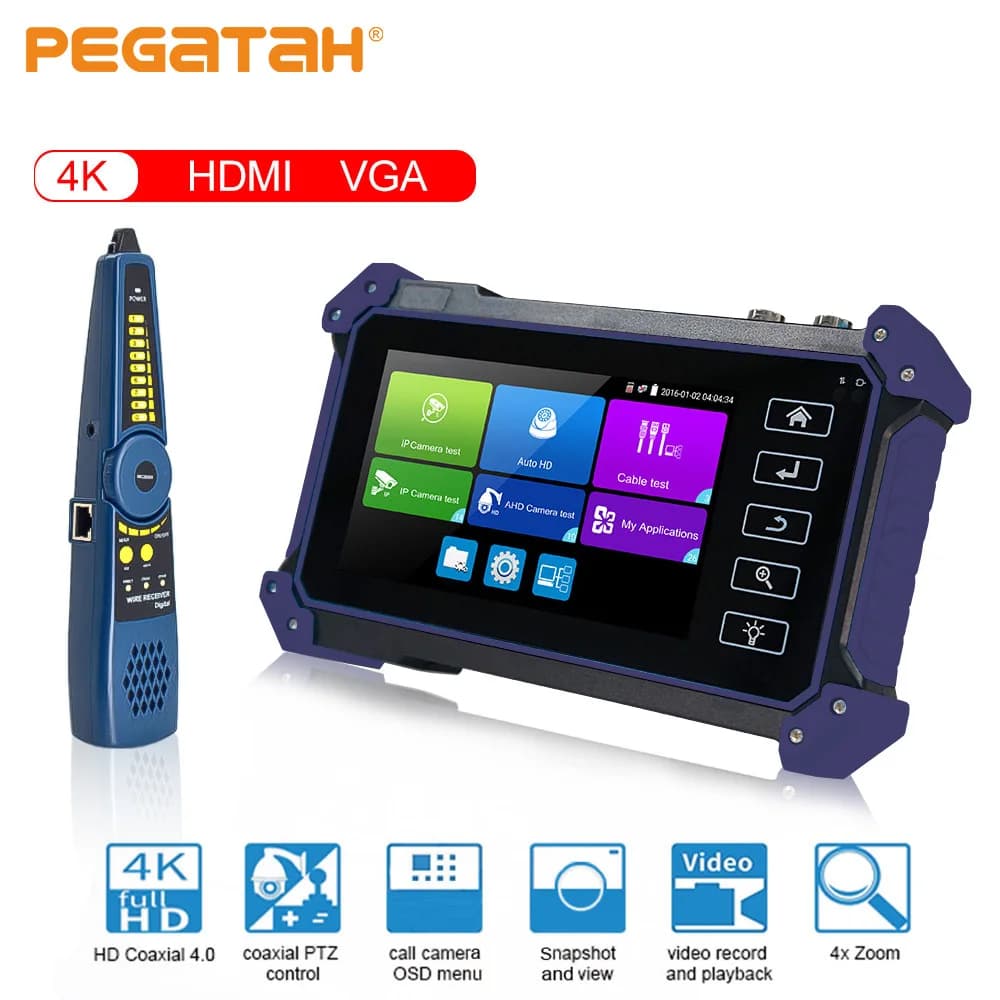 PEGATAH IPC Tester for CCTV Cameras AHD CVI TVI SDI, 4K IP Camera Tester, PTZ, VGA HDMI Input, Cable Tracker, Security Tester