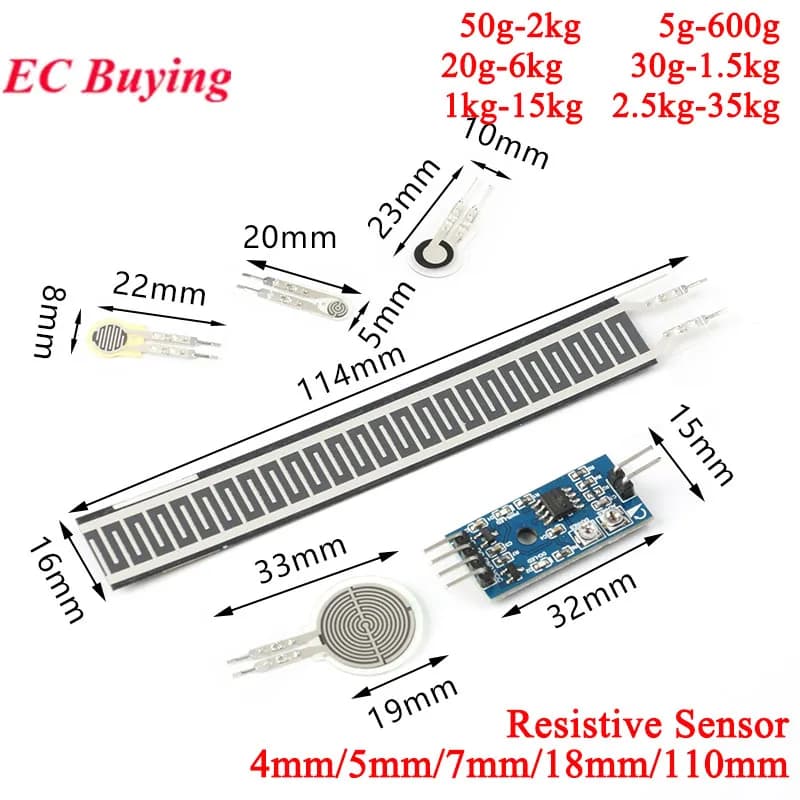 2 pz/1 pz Resistivo Sensore di Pressione a Film Sottile Flessibile Sensibile Alla Forza Resistore Cella di Carico Modulo Convertitore 4/18/110mm Per Arduino