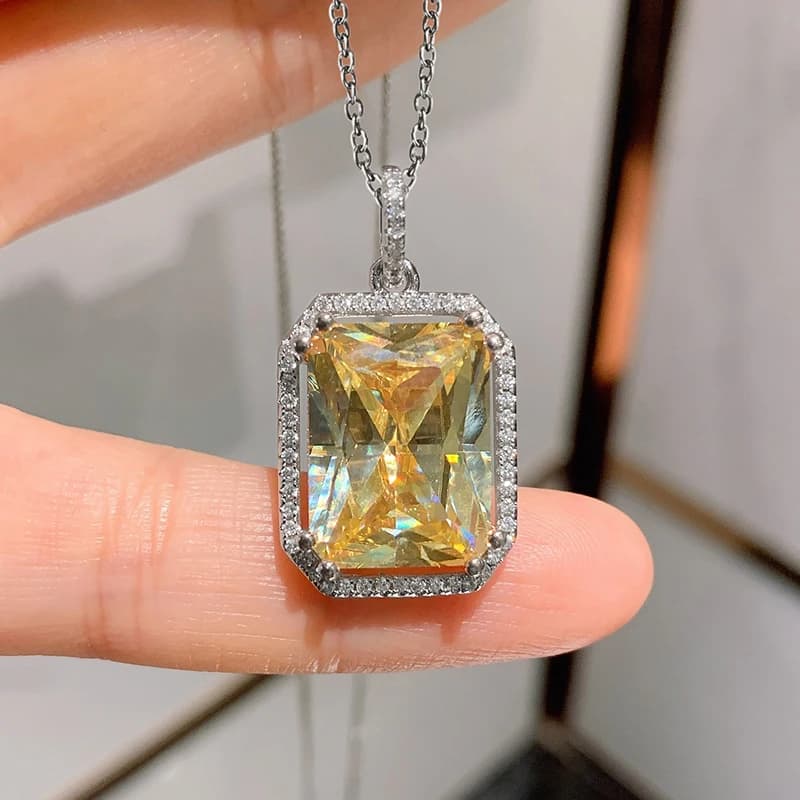 Huitan Big Geometric Yellow Cubic Zirconia Pendant Necklace for Women Trendy Luxury Wedding Engagement Bride Accessories Jewelry