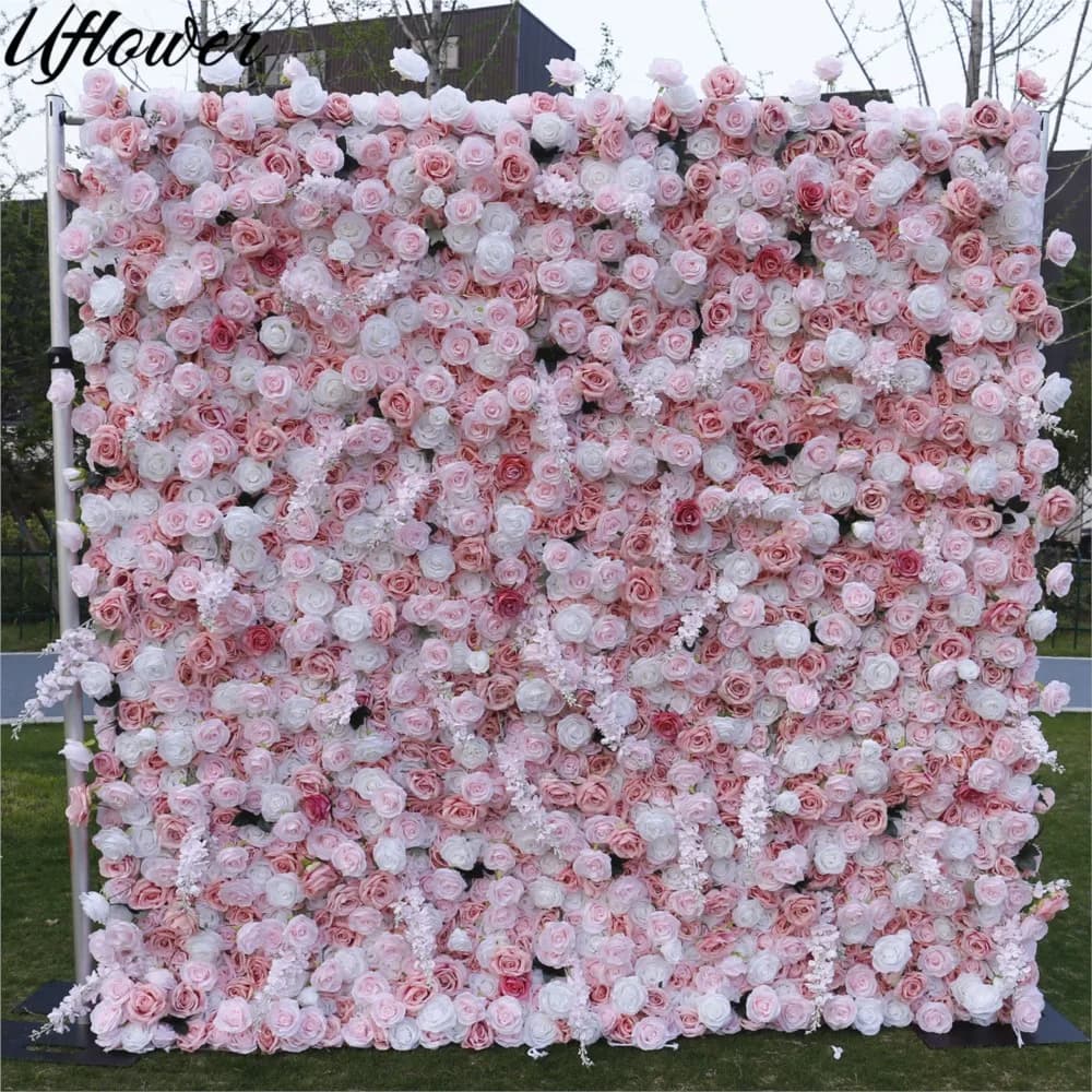 Uflower 5D Pink White Rose Cloth Flower Wall Wedding Backdrop Fabric Hanging Curtain Floral Window Display Party Event Props