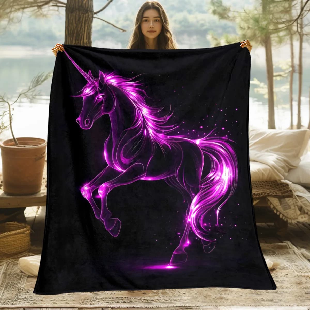 Luxury Purple Unicorn Silhouette Glowing Neon Magical Night Sky Flannel Blanket - 280GSM Heavyweight All-Season Soft Warm Bedspr